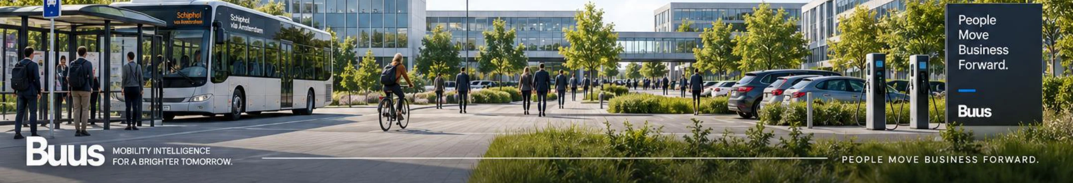 Corporate campus with shuttle transport, cyclists and landscaped pedestrian routes