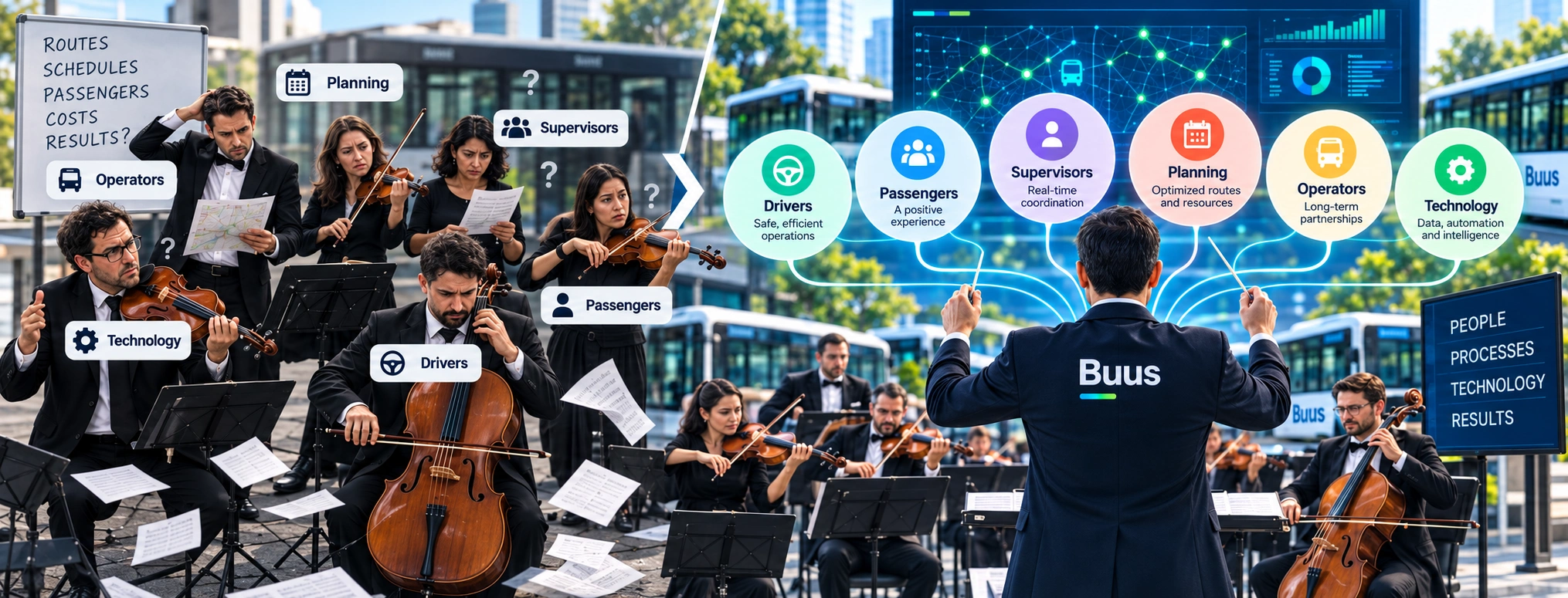 Before and after mobility integration: isolated teams become an orchestra coordinated by Buus, connecting drivers, passengers, supervisors, planning, operators and technology. All labels are in English.